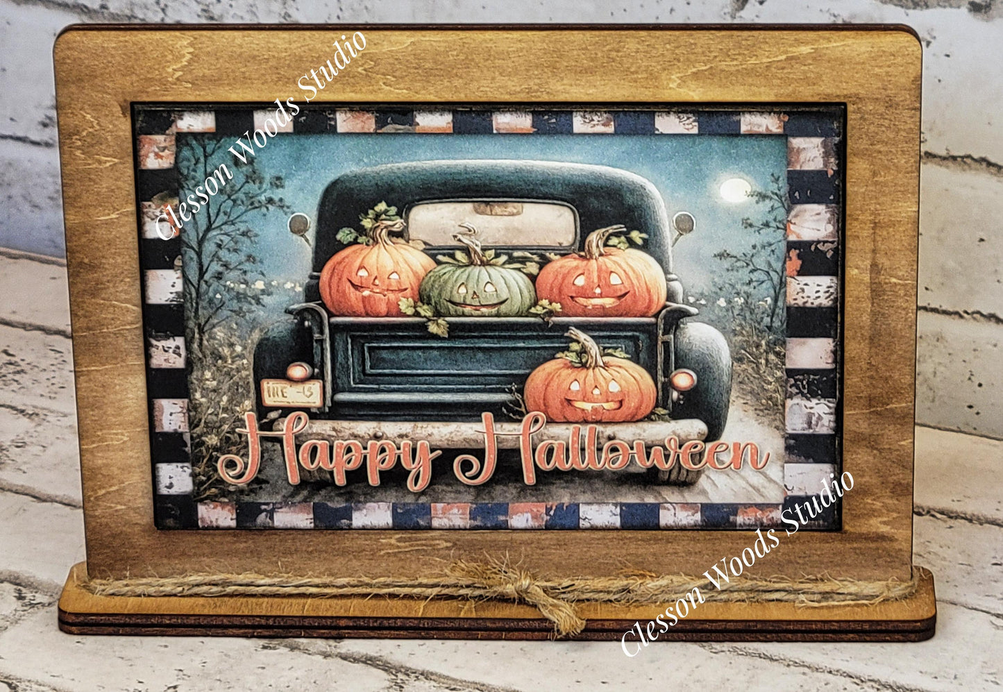 Primitive Happy Halloween Vintage Black Truck Framed Art with Attached Stand