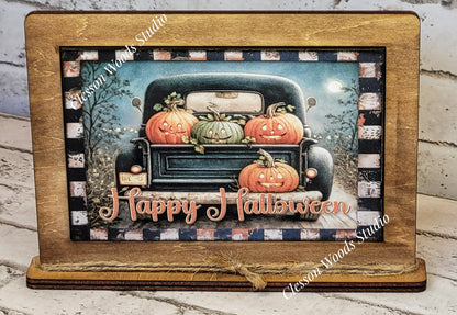 Primitive Happy Halloween Vintage Black Truck Framed Art with Attached Stand