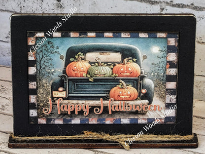 Primitive Happy Halloween Vintage Black Truck Framed Art with Attached Stand