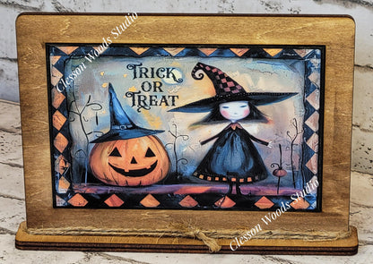 Primitive Trick or Treat Witch Framed Art with Attached Stand