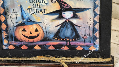 Primitive Trick or Treat Witch Framed Art with Attached Stand