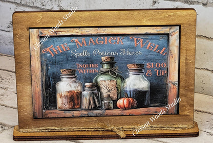 Primitive Spells Potions Hexes Bottles Framed Art with Attached Stand