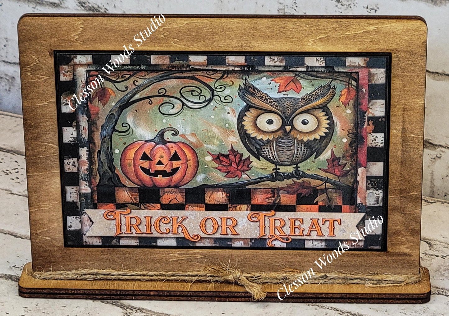 Primitive Trick or Treat Owl and Pumpkin Framed Art with Attached Stand
