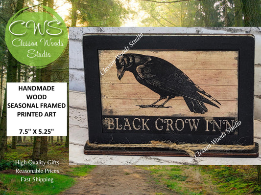 Primitive Black Crow Inn Framed Art with Attached Stand