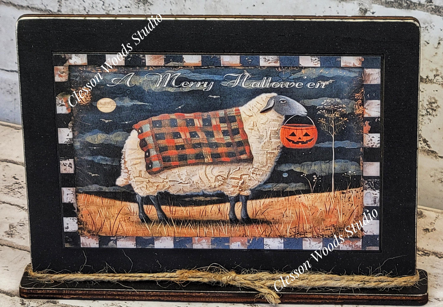 Primitive Fall Halloween Sheep Framed Art with Attached Stand