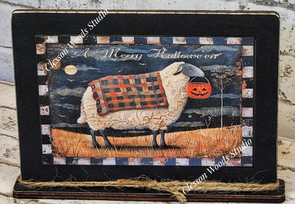 Primitive Fall Halloween Sheep Framed Art with Attached Stand