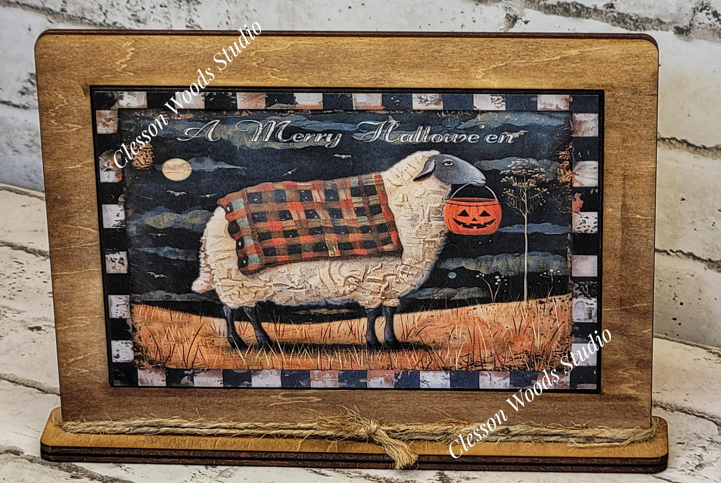 Primitive Fall Halloween Sheep Framed Art with Attached Stand