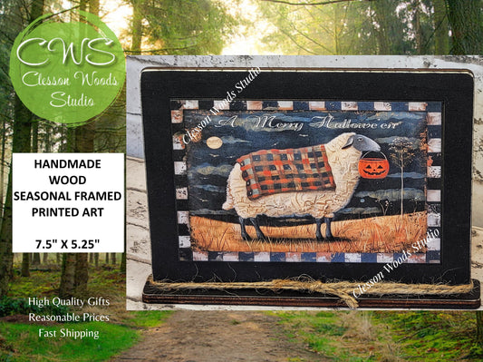 Primitive Fall Halloween Sheep Framed Art with Attached Stand