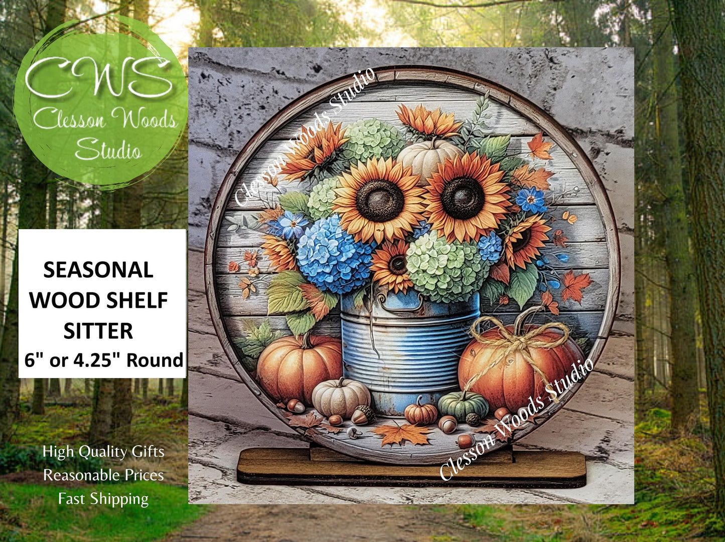 Fall Flowers Pumpkins Metal Can Seasonal Round Wood Shelf Sitter 6" or 4.25"