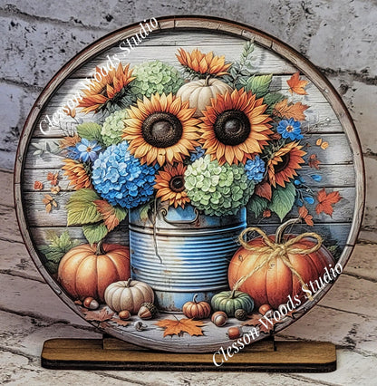 Fall Flowers Pumpkins Metal Can Seasonal Round Wood Shelf Sitter 6" or 4.25"