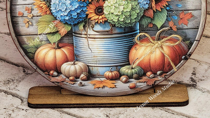 Fall Flowers Pumpkins Metal Can Seasonal Round Wood Shelf Sitter 6" or 4.25"