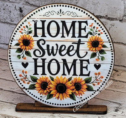 Home Sweet Home Sunflowers Fall Seasonal Round Wood Shelf Sitter 6" or 4.25"