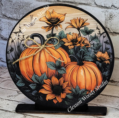 Fall Pumpkin Duo Seasonal Round Wood Shelf Sitter 6" or 4.25"