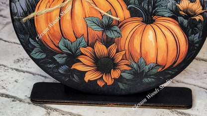 Fall Pumpkin Duo Seasonal Round Wood Shelf Sitter 6" or 4.25"