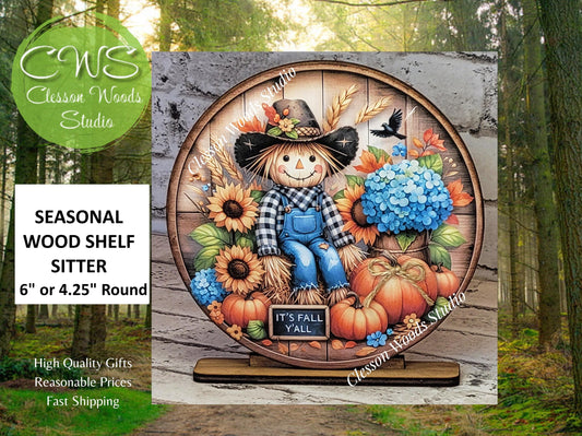 Fall Scarecrow Shelf Sitter | Autumn Pumpkins & Flowers Decor
