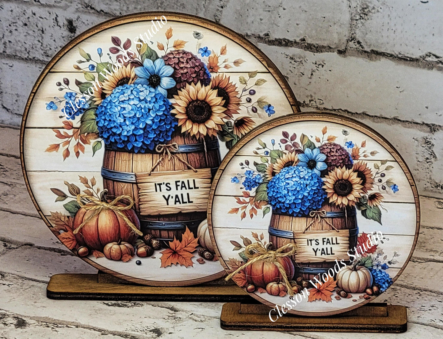 Its Fall Yall Flowers Wood Barrel Seasonal Round Wood Shelf Sitter 6" or 4.25"