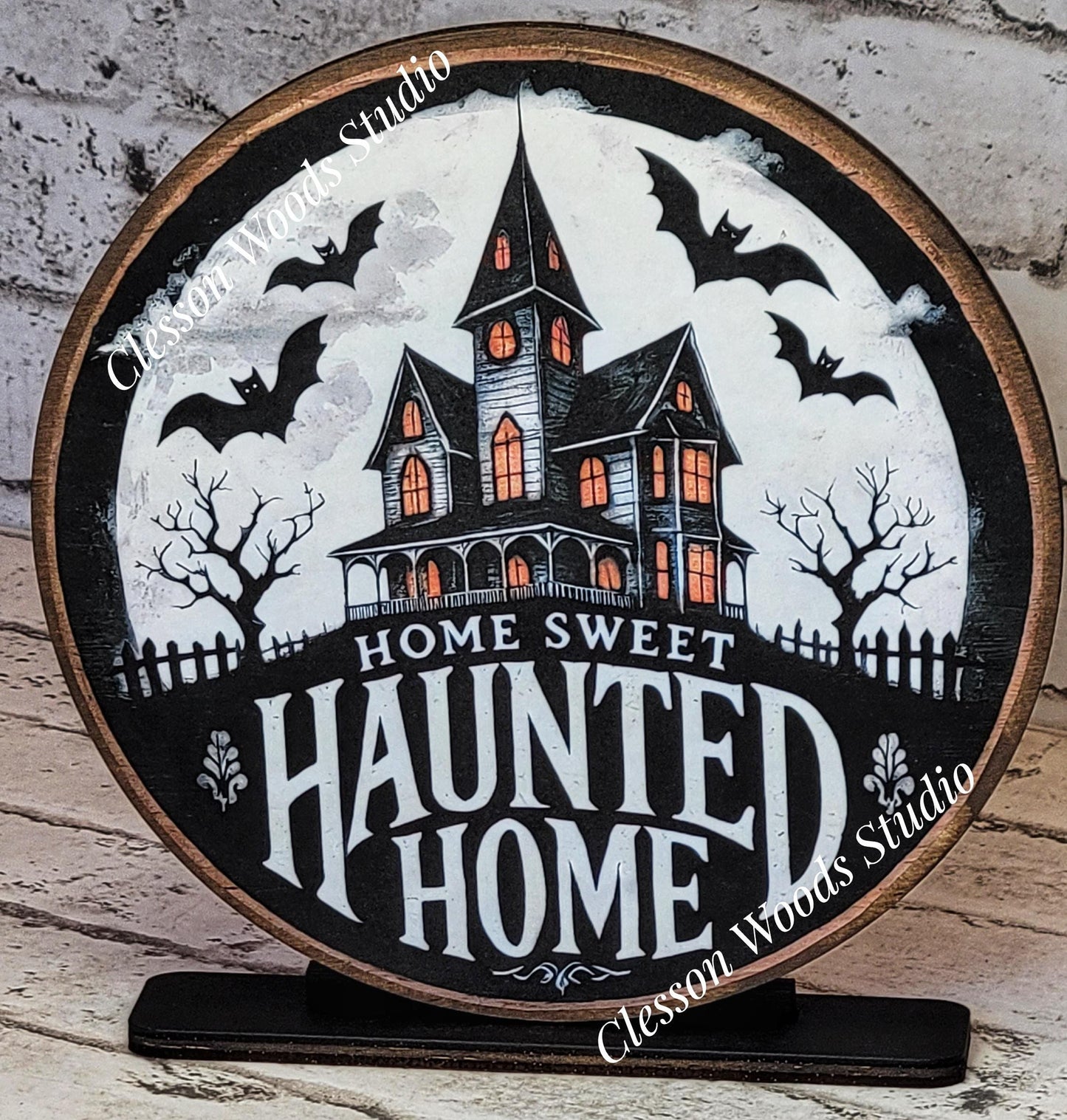 Halloween Home Sweet Haunted Home Round Wood Shelf Sitter 6" or 4.25"