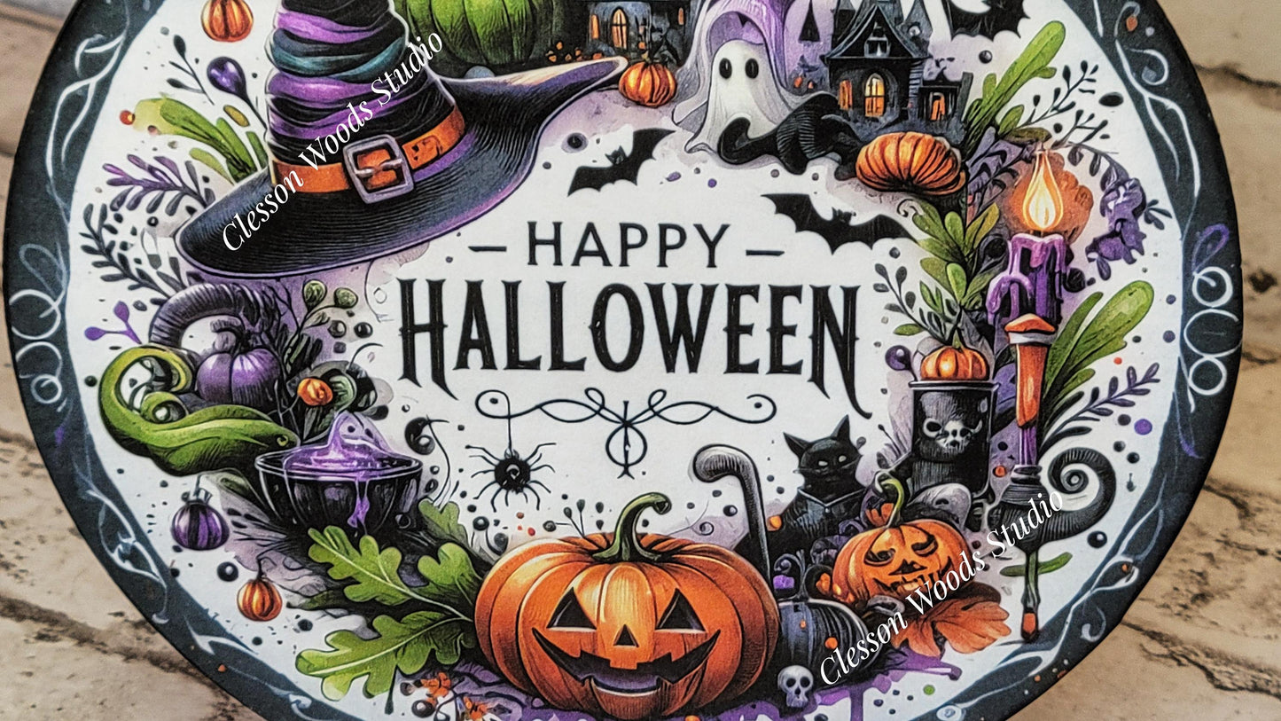 Happy Halloween Wreath Seasonal Round Wood Shelf Sitter 6" or 4.25"