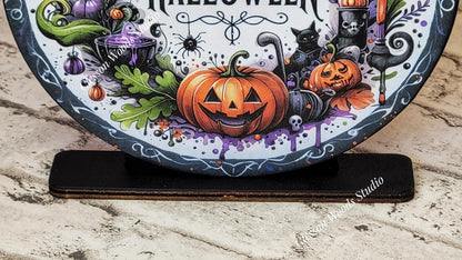Happy Halloween Wreath Seasonal Round Wood Shelf Sitter 6" or 4.25"