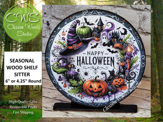 Happy Halloween Wreath Seasonal Round Wood Shelf Sitter 6" or 4.25"
