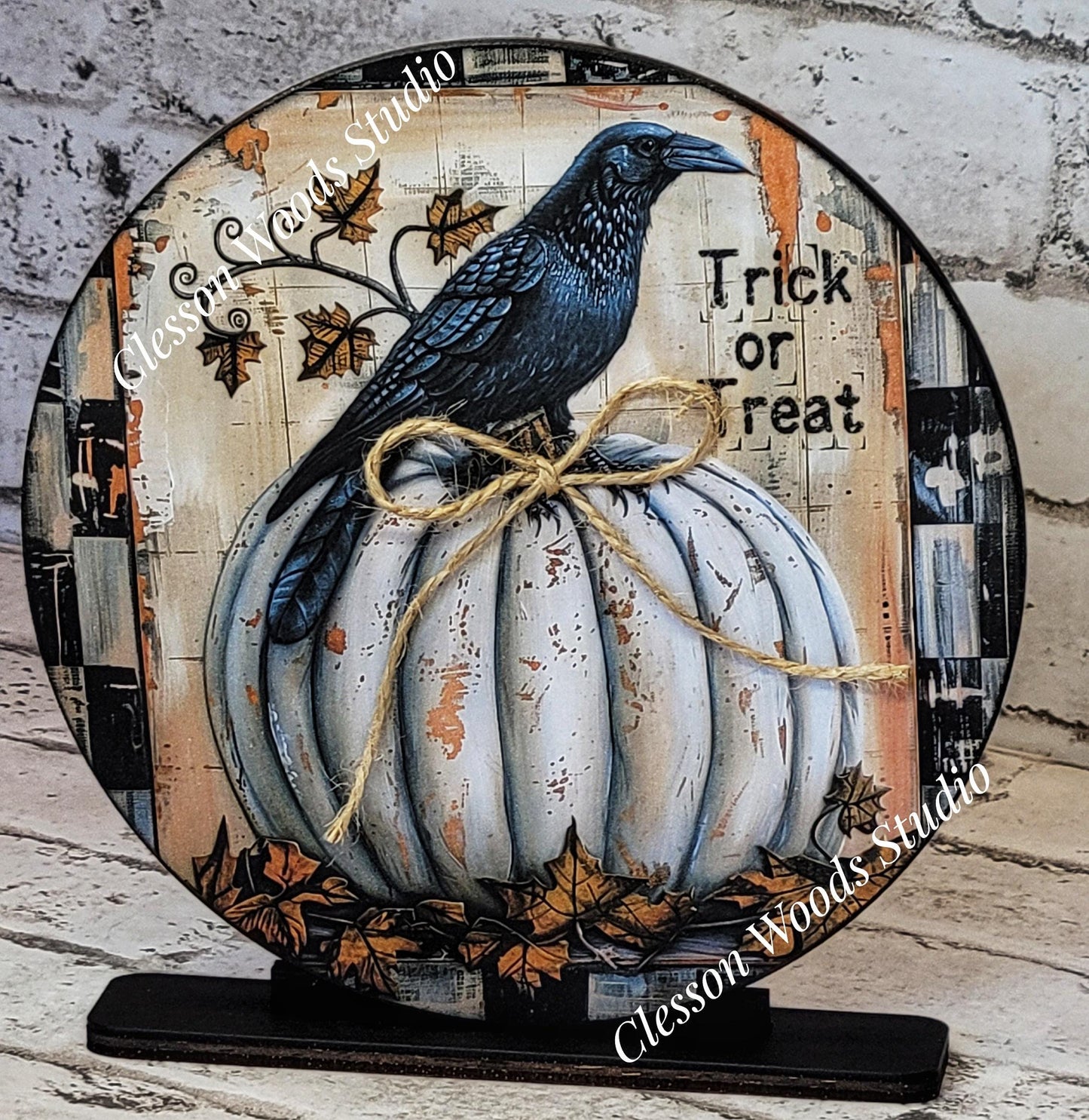 Primitive Halloween Crow White Pumpkin Round Wood Shelf Sitter 6" or 4.25"