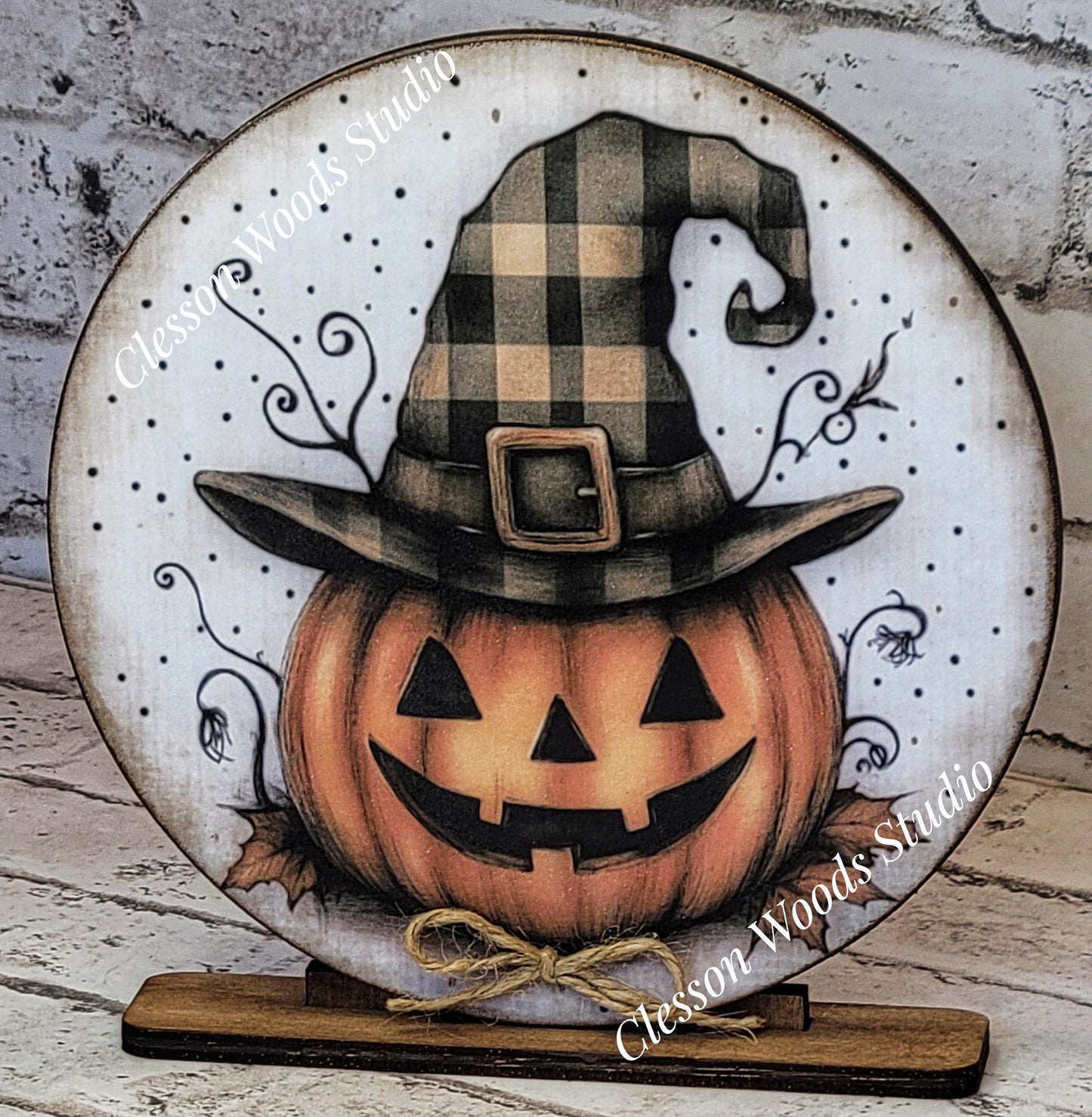 Primitive Jack With Plaid Witch Hat Round Wood Shelf Sitter 6" or 4.25"