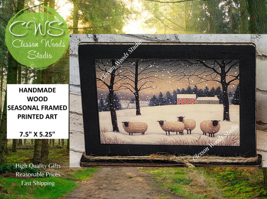 Primitive Sheep and Barn Winter Framed Art with Attached Stand
