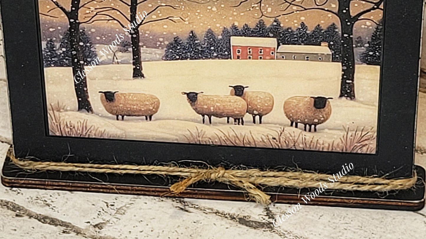 Primitive Sheep and Barn Winter Framed Art with Attached Stand