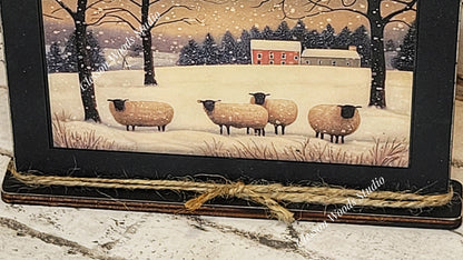 Primitive Sheep and Barn Winter Framed Art with Attached Stand