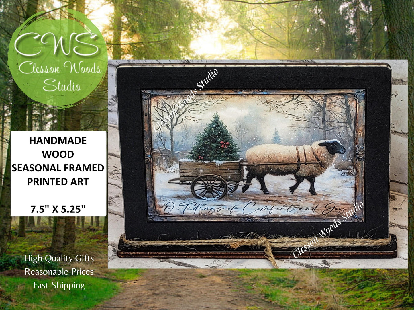 Primitive Sheep O Tidings of Comfort and Joy Framed Art with Attached Stand