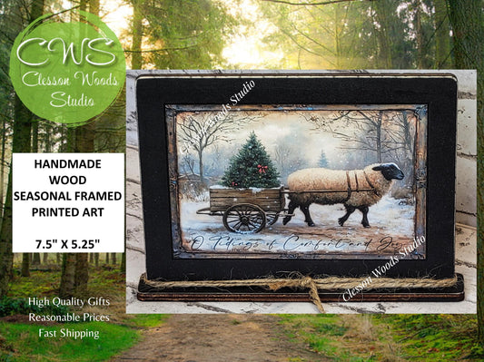 Primitive Sheep O Tidings of Comfort and Joy Framed Art with Attached Stand