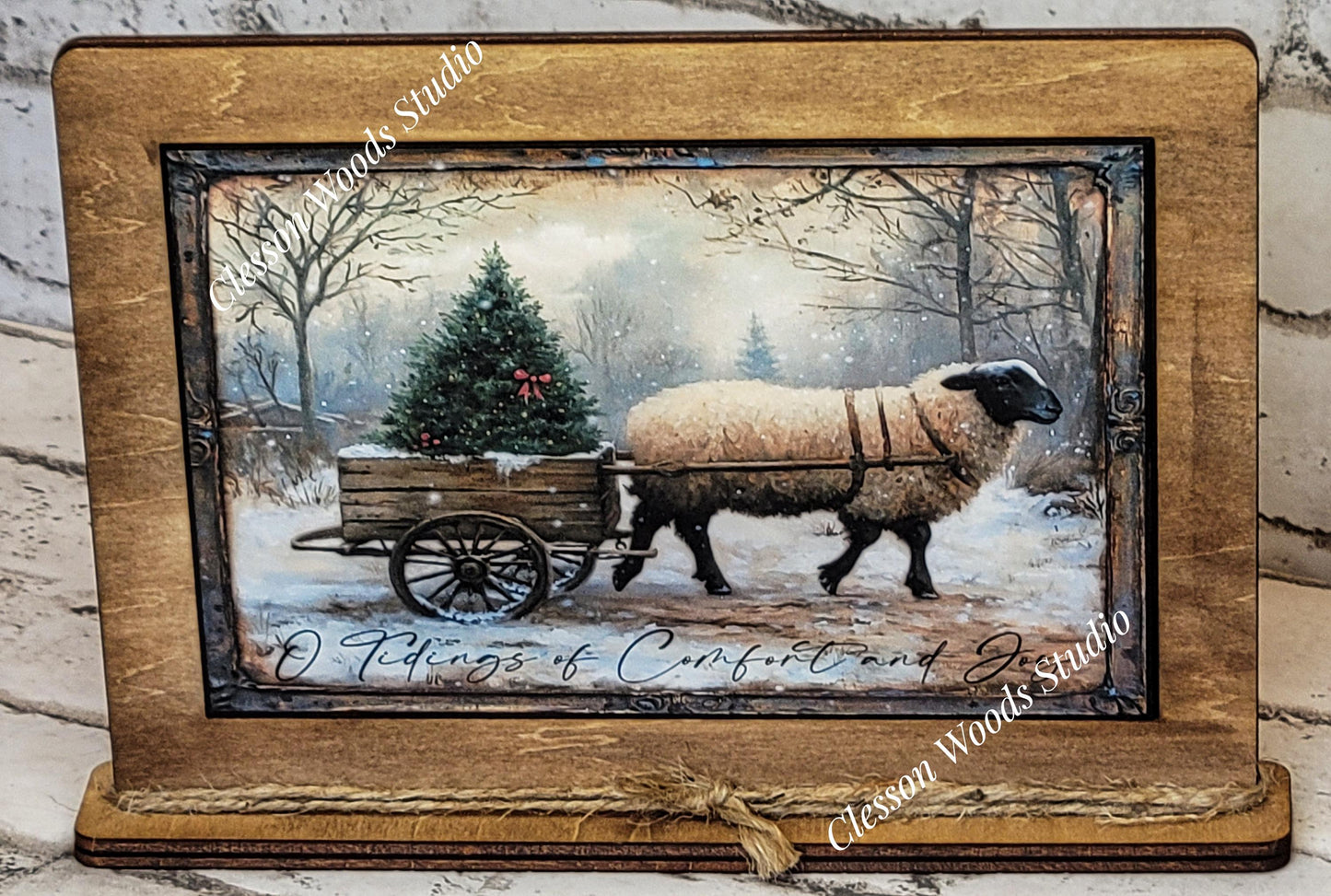 Primitive Sheep O Tidings of Comfort and Joy Framed Art with Attached Stand
