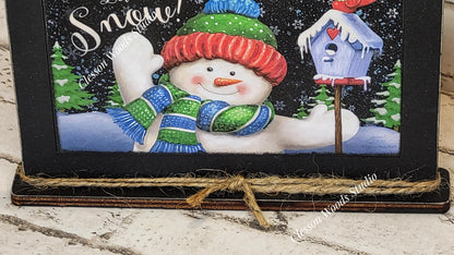 Let It Snow Waving Snowman and Birdhouse Framed Art with Attached Stand
