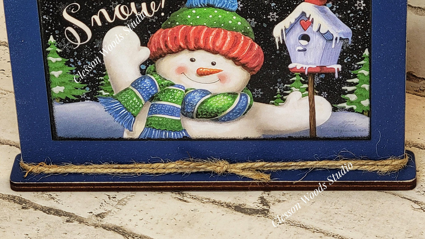 Let It Snow Waving Snowman and Birdhouse Framed Art with Attached Stand