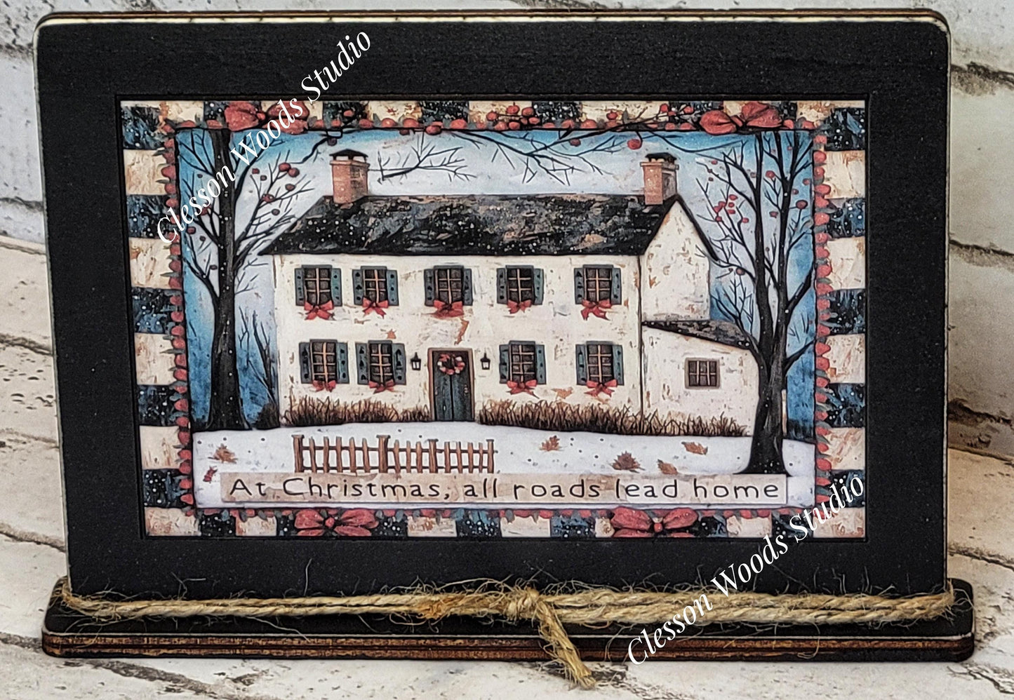 Primitive Saltbox Windows Winter Framed Art with Attached Stand