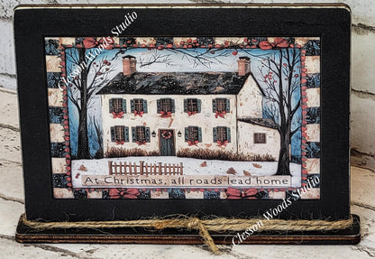 Primitive Saltbox Windows Winter Framed Art with Attached Stand