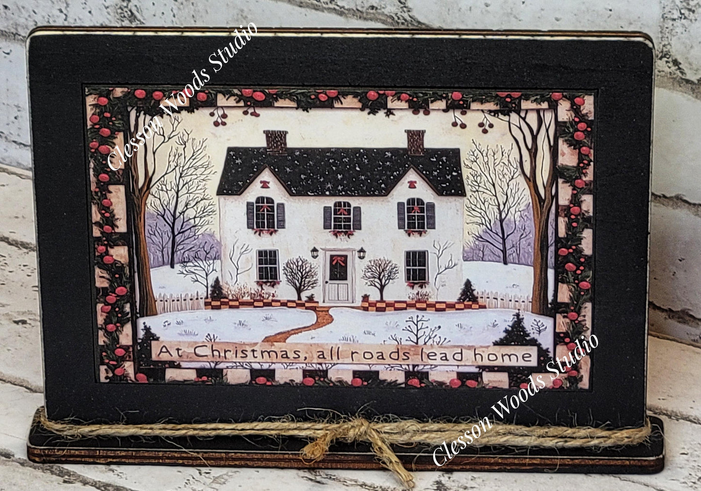 Primitive Saltbox At Christmas All Roads Lead Home Winter Framed Art with Attached Stand