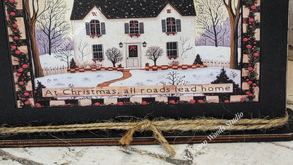 Primitive Saltbox At Christmas All Roads Lead Home Winter Framed Art with Attached Stand