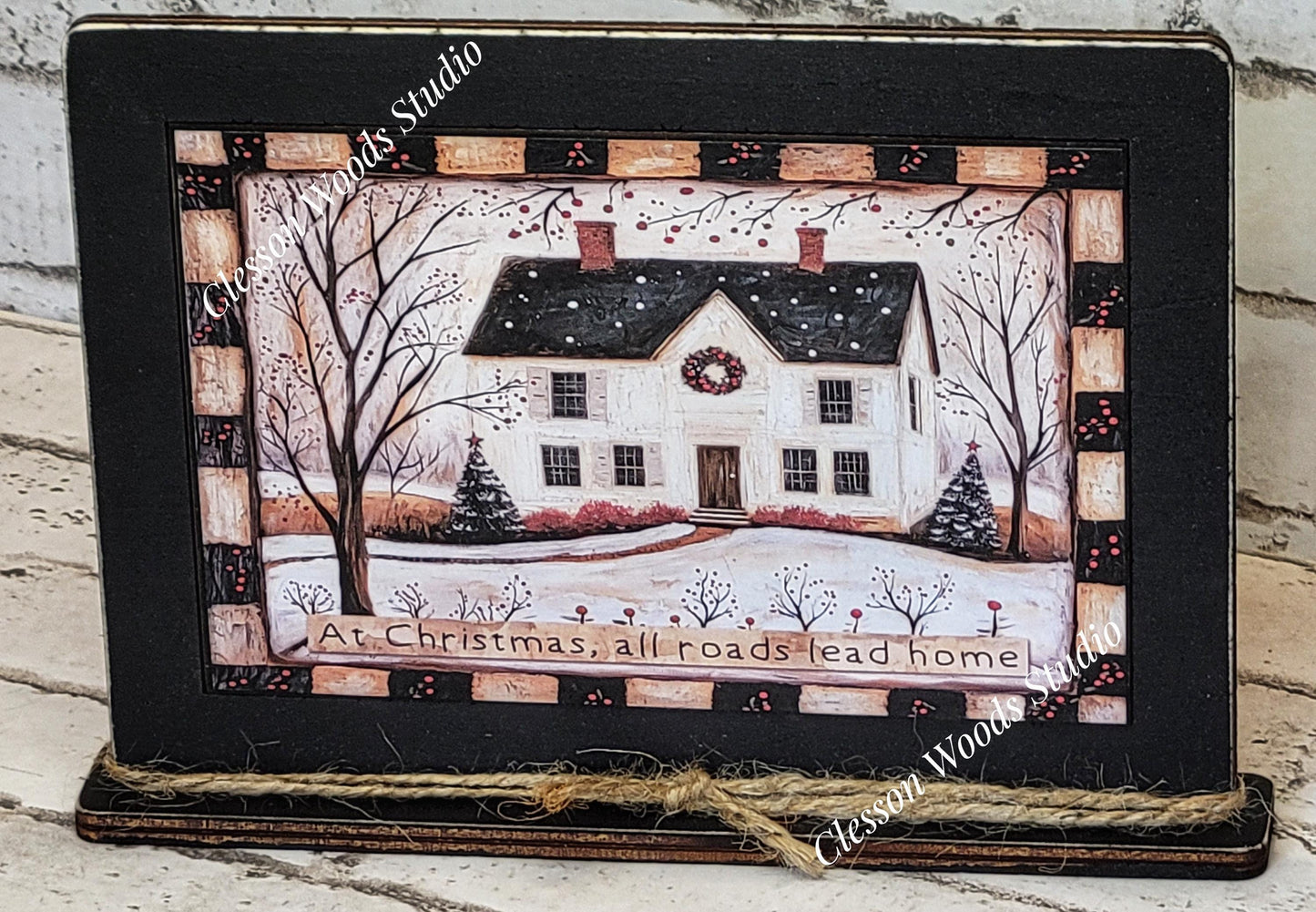 Primitive Saltbox With Wreath Winter Framed Art with Attached Stand