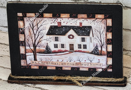 Primitive Saltbox With Wreath Winter Framed Art with Attached Stand