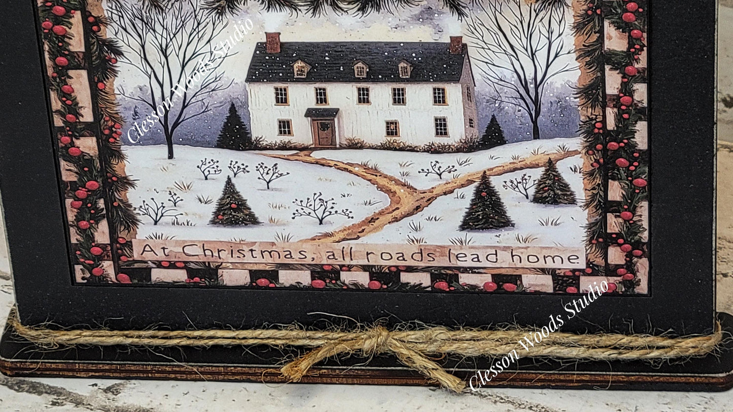 Primitive Saltbox Pine Trees Winter Framed Art with Attached Stand