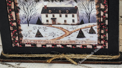 Primitive Saltbox Pine Trees Winter Framed Art with Attached Stand