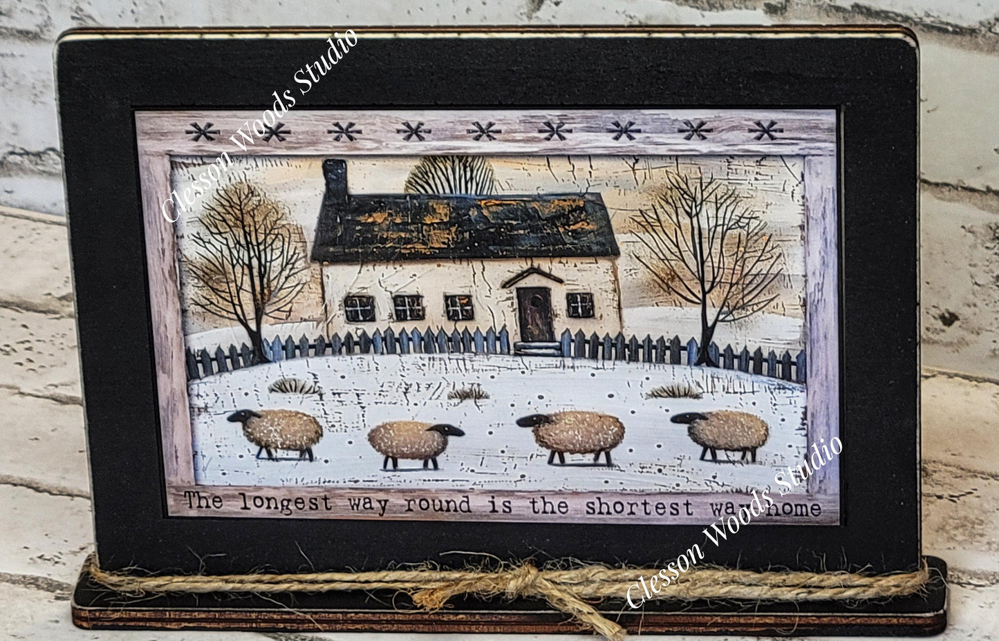 Primitive White Saltbox and Sheep Winter Framed Art with Attached Stand