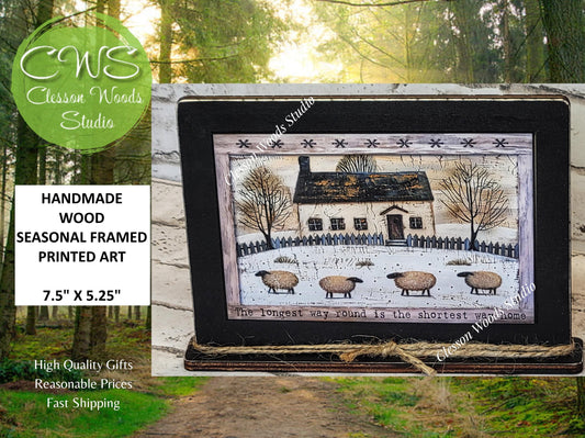 Primitive White Saltbox and Sheep Winter Framed Art with Attached Stand