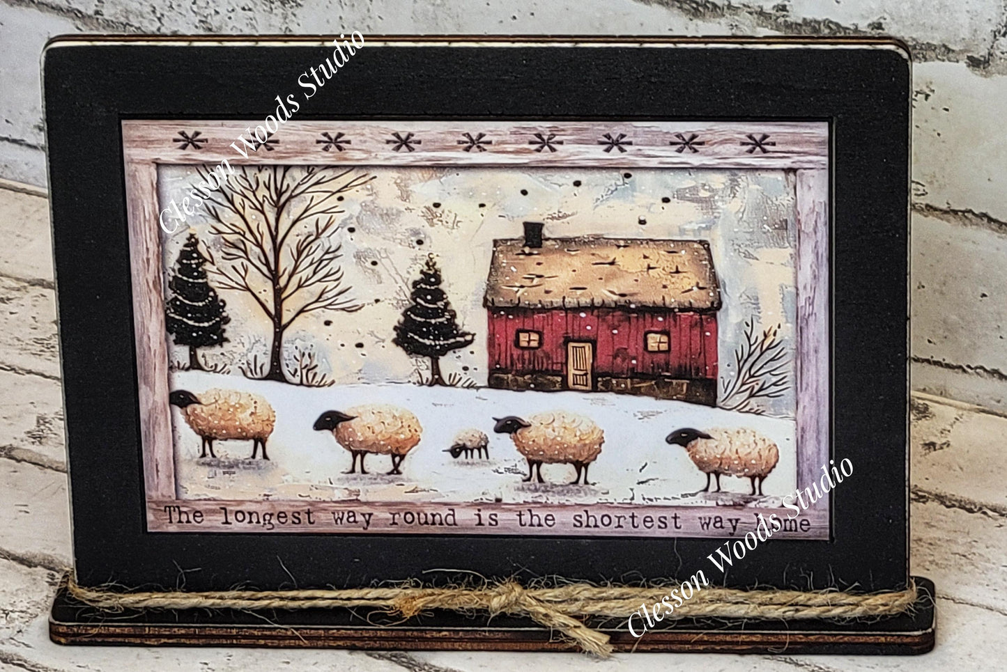 Primitive Red Saltbox and Sheep 2 Winter Framed Art with Attached Stand