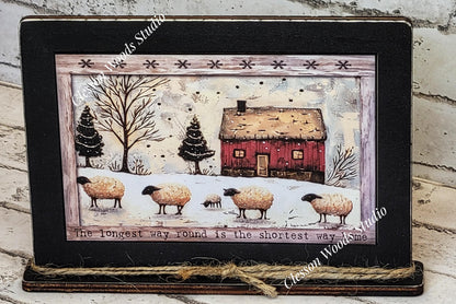 Primitive Red Saltbox and Sheep 2 Winter Framed Art with Attached Stand