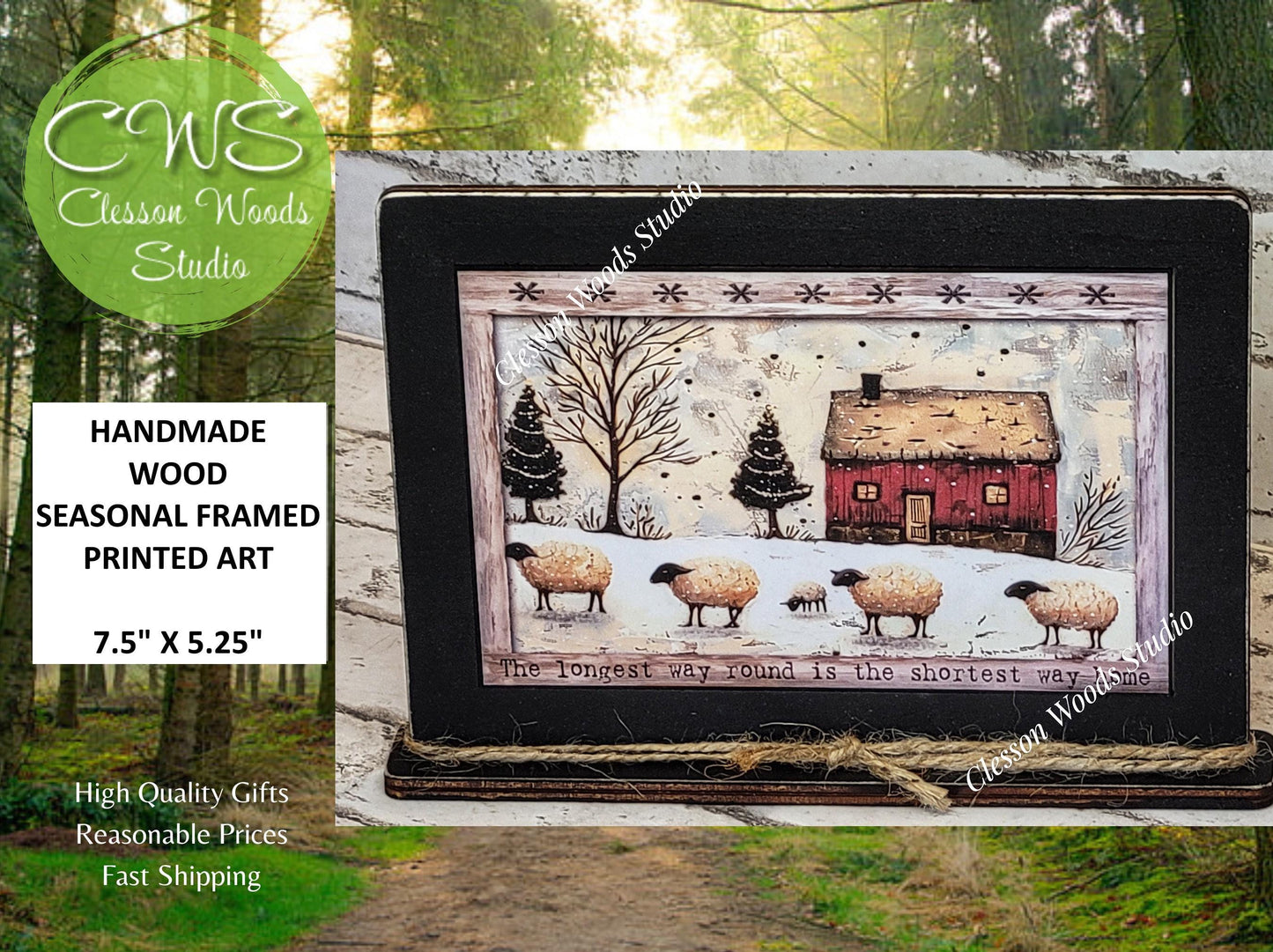 Primitive Red Saltbox and Sheep 2 Winter Framed Art with Attached Stand