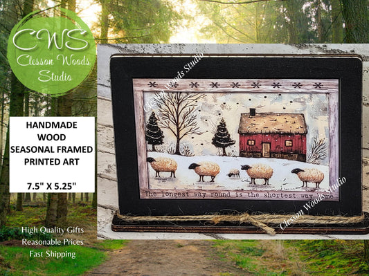 Primitive Red Saltbox and Sheep 2 Winter Framed Art with Attached Stand