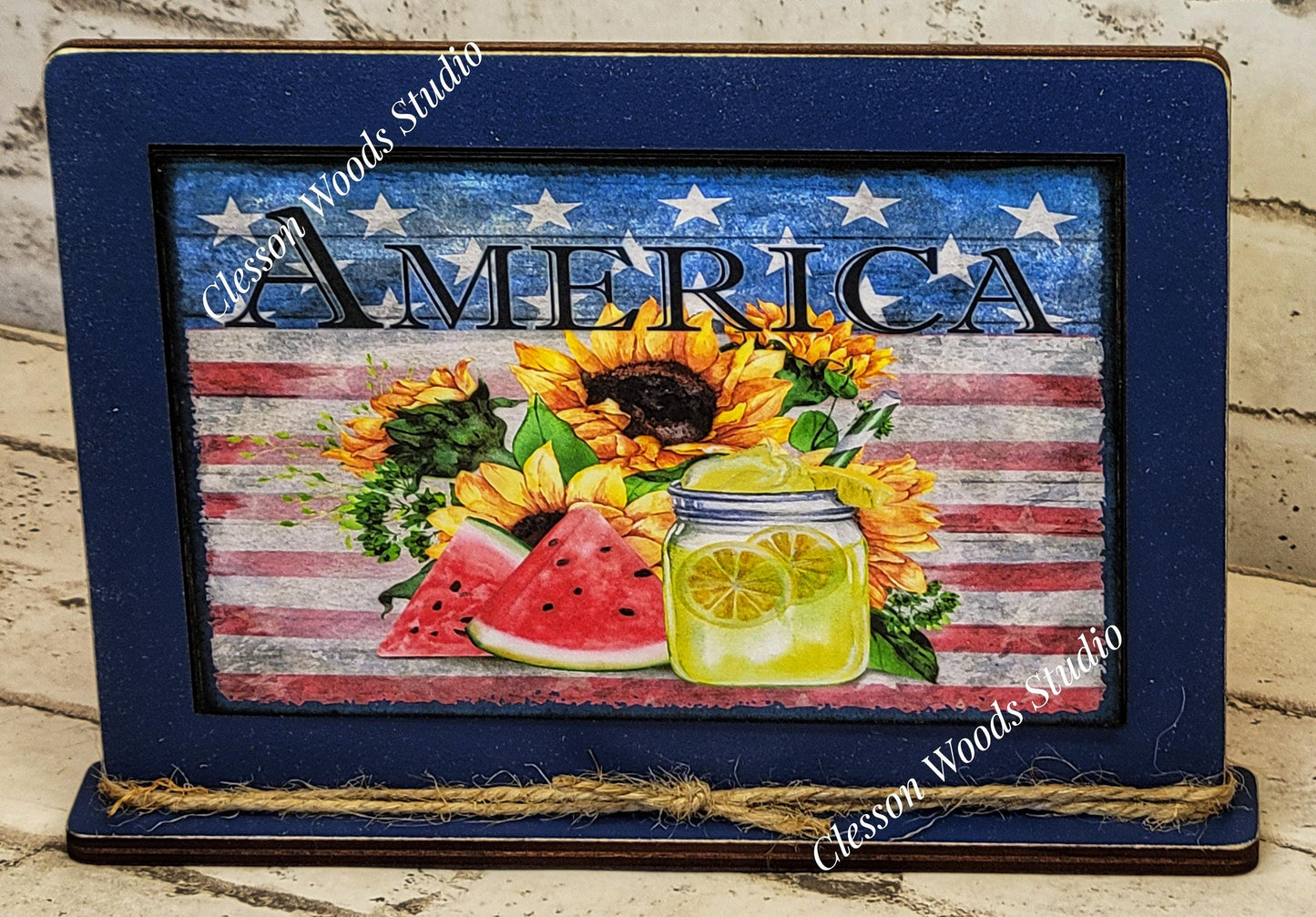America Watermelon Sunflower Lemonade Framed Art with Attached Stand