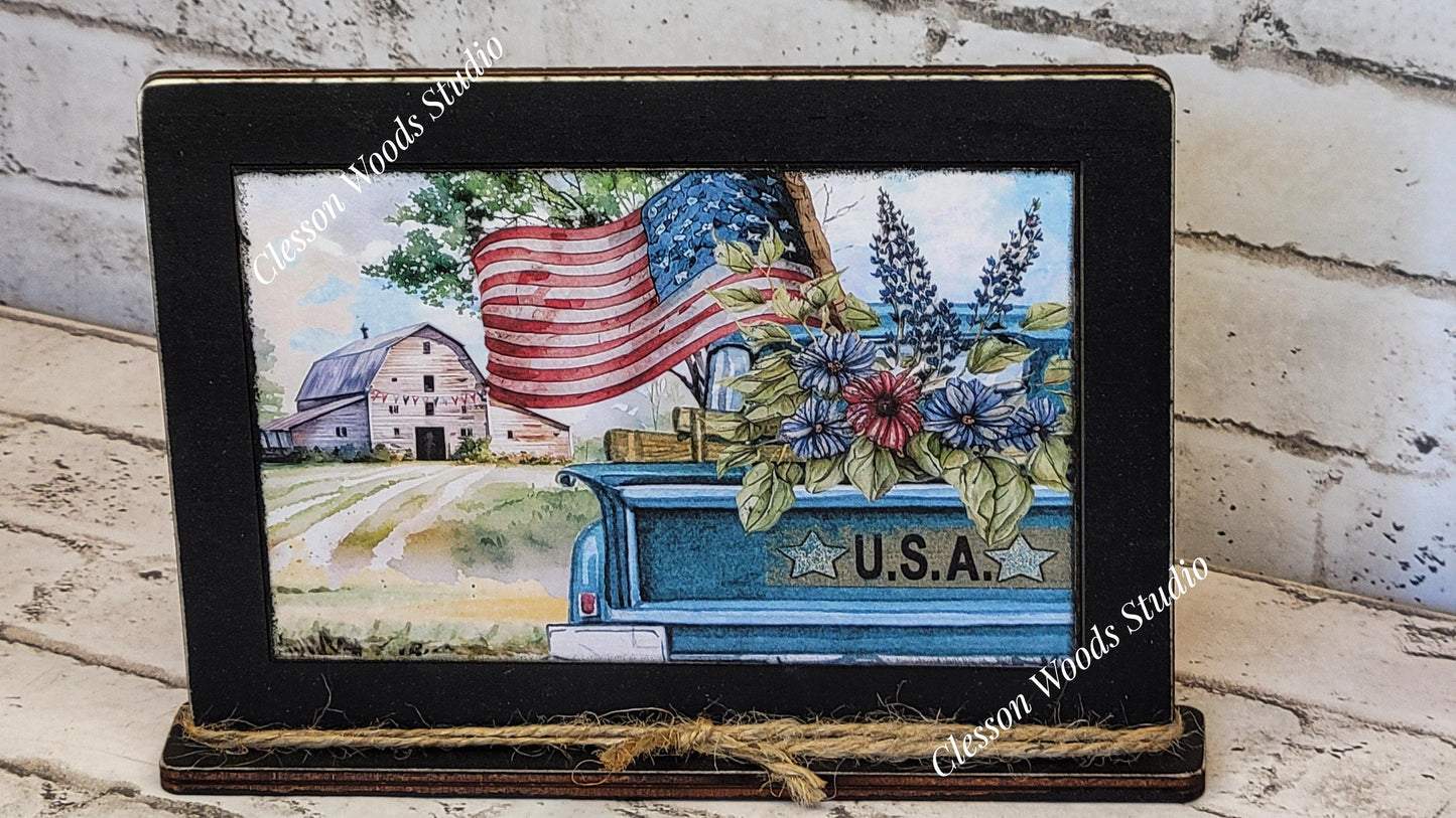 July Blue Truck Patriotic Farm Framed Art with Attached Stand
